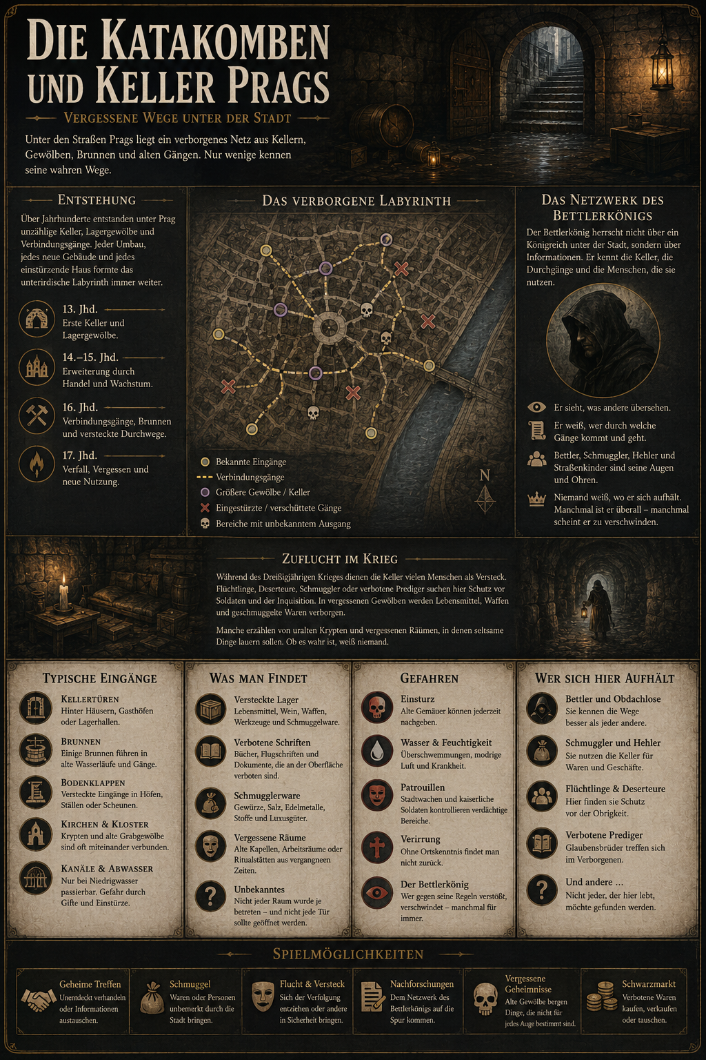 Infografik über Die Katakomben und Keller Prags